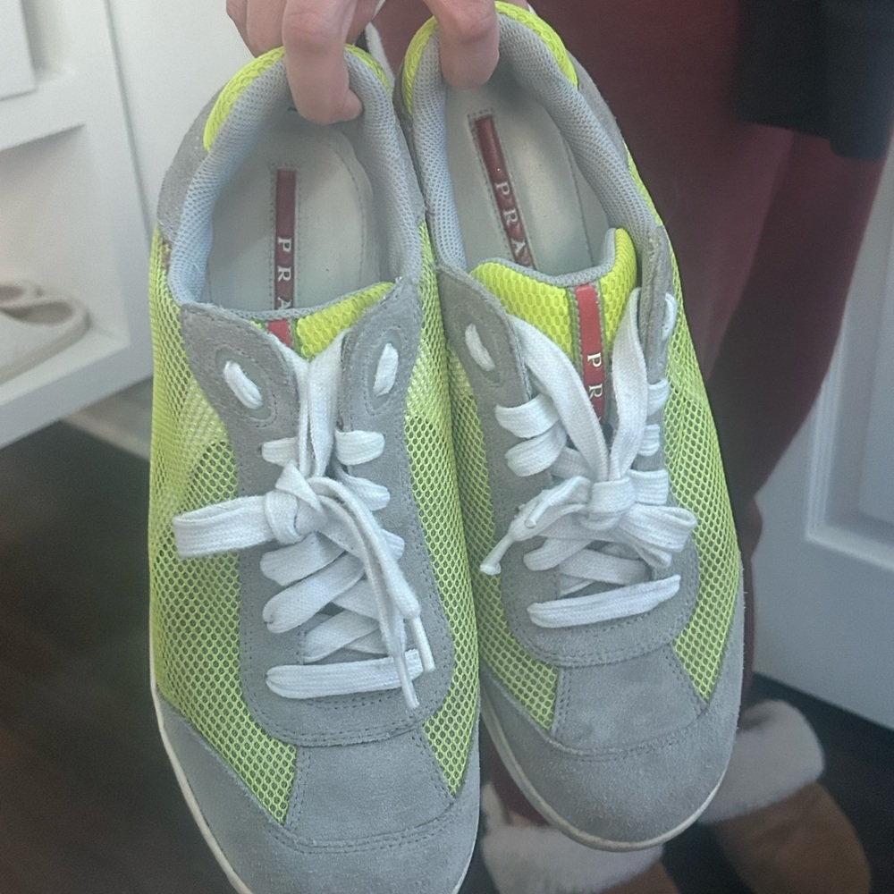 Prada Neon Yellow and Gray Mesh Sneakers